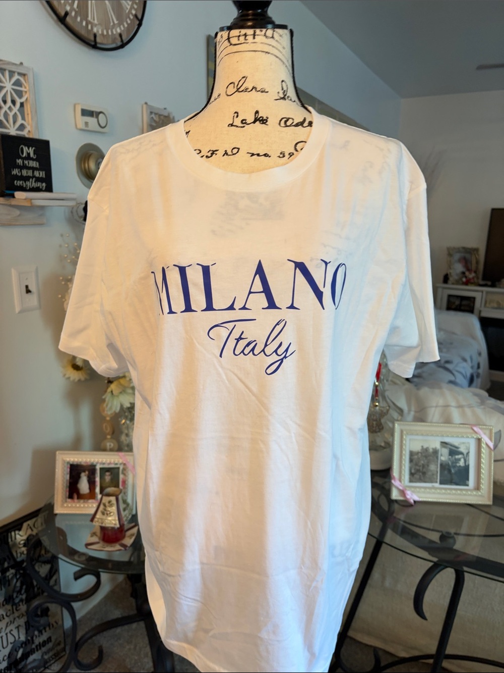 Women's Milano Italy Short Sleeve Tee - White with Blue Print